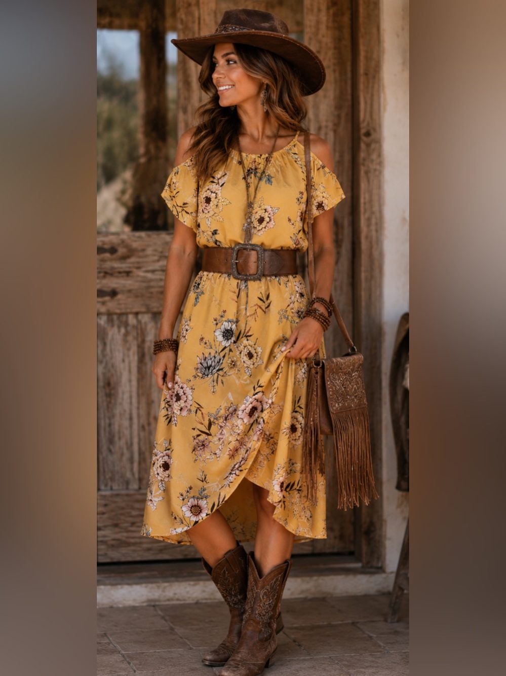 Women's yellow Floral Cold-Shoulder Midi Dress